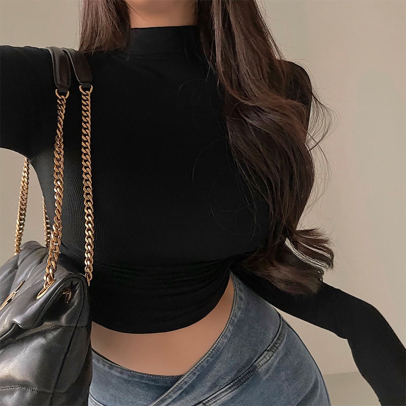 Pure desire sexy tight thin small turtleneck spring and autumn new fashion short navel leggings long-sleeved T-shirt top