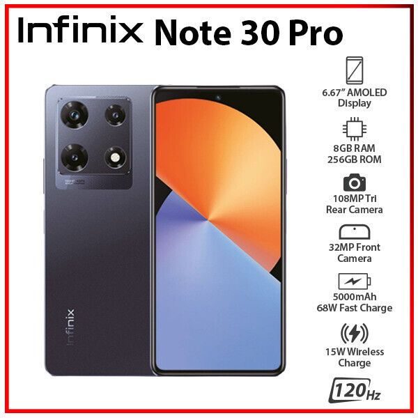 Infinix Note 30 Pro 16(8+8)GB RAM 256GB Storage 4G-Dual SIM 6.67" 120Hz FHD+ AMOLED Display 108MP+32MP Triple Camera Helio Black 256GB. Smartphone