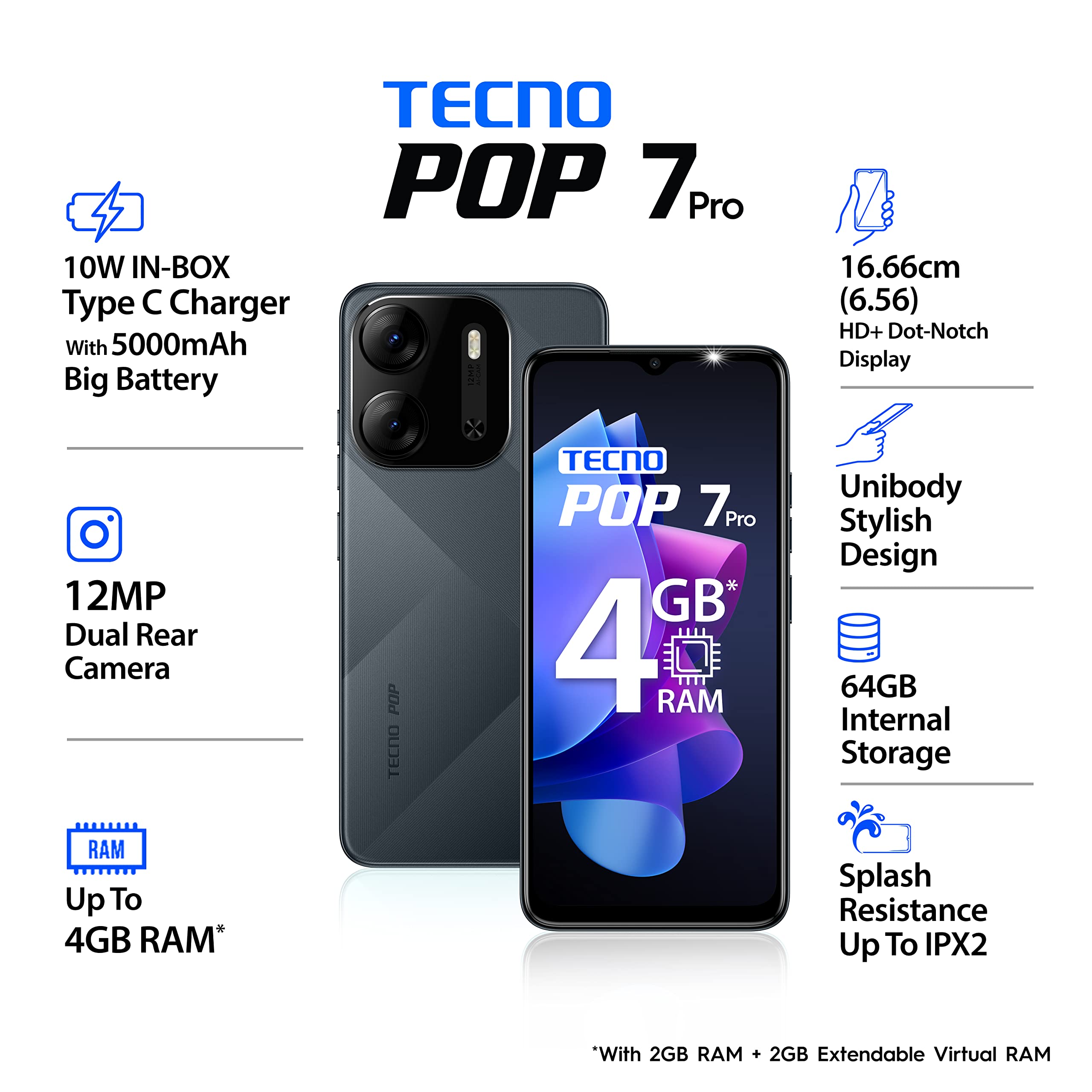 Tecno pop 7 64+2, POP 7 PRO 64GB ROM 4GB RAM 10W USB Type-C Charge DualSIM 4G LTE 6.56" HD 13MP AI DUAL Camera 5000mAh Battery Fingerprint OTG. Smartphone