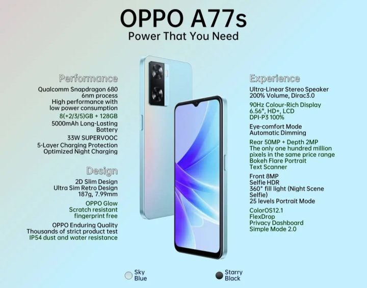 Brand New Oppo A77s 6.56" 4GB+128GB Snapdragon 680 CPU 50MP Camera 5000mAh Dual Sim 4G Smart Phones sky blue As in picture 128GB SMARTPHONE