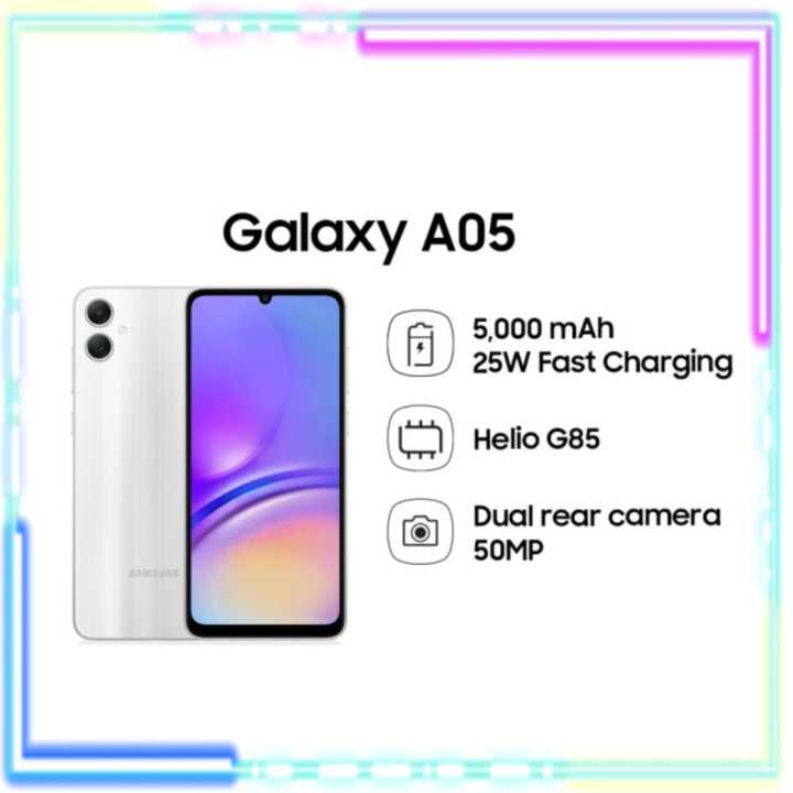 SAMSUNG GALAXY A05 128GB STORAGE 4GB RAM 6.7-inch HD+ display 50MP + 2.0MP BACK CAMERA 8MP SELFIE CAM OCTA CORE PROCESSOR 5000mAh 25W TYPE C FAST CHARGING 4G NETWORK 2GHz,1.8GHz ANDROID 13 SMARTPHONE