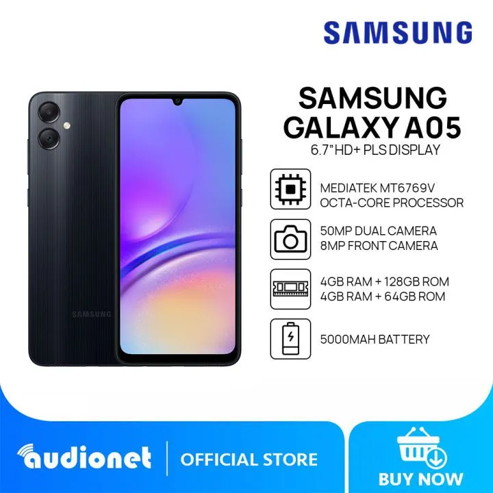 SAMSUNG GALAXY A05 128GB STORAGE 4GB RAM 6.7-inch HD+ display 50MP + 2.0MP BACK CAMERA 8MP SELFIE CAM OCTA CORE PROCESSOR 5000mAh 25W TYPE C FAST CHARGING 4G NETWORK 2GHz,1.8GHz ANDROID 13 SMARTPHONE
