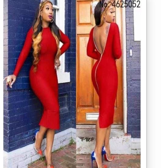 Red Classic fashionable and high quality Women's Solid Color Club Dresses with Zipper Back Bodycon Sex Midi Dress with Long Sleeves party, dinner, wedding, outdoor