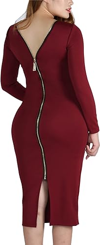Red Classic fashionable and high quality Women's Solid Color Club Dresses with Zipper Back Bodycon Sex Midi Dress with Long Sleeves party, dinner, wedding, outdoor