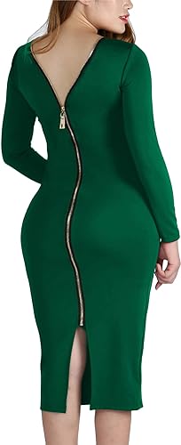 Green Classic fashionable and high quality Women's Solid Color Club Dresses with Zipper Back Bodycon Sex Midi Dress with Long Sleeves party, dinner, wedding, outdoor
