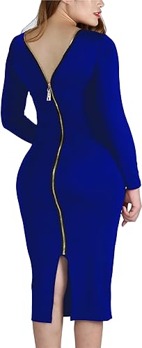 Blue Classic fashionable and high quality Women's Solid Color Club Dresses with Zipper Back Bodycon/bandage dress Sex Midi Dress with Long Sleeves party, dinner, wedding, outdoor
