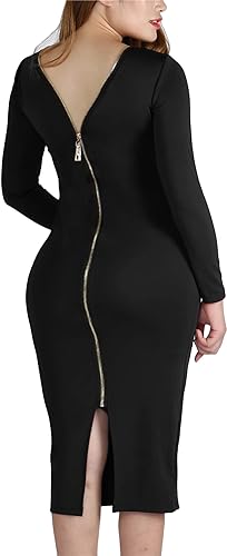 Black Classic fashionable and high quality Women's Solid Color Club Dresses with Zipper Back Bodycon/bandage dress Sex Midi Dress with Long Sleeves party, dinner, wedding, outdoor