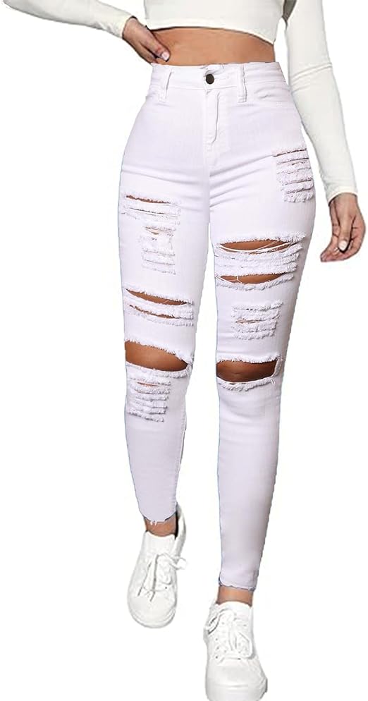Classic white ripped slim fit denim Women' Work Casual Pants with Super Stretch Comfortable Skinny Legs for Work (sizes 27, 28, 30, 32, 34)