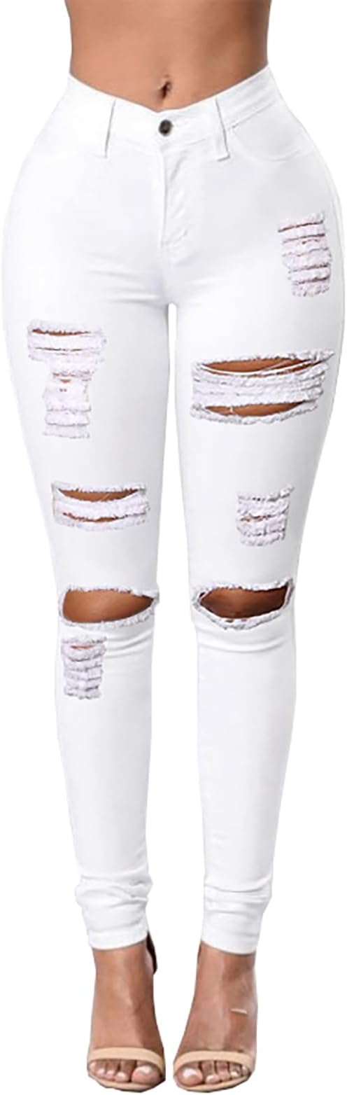 Classic white ripped slim fit denim Women' Work Casual Pants with Super Stretch Comfortable Skinny Legs for Work (sizes 27, 28, 30, 32, 34)