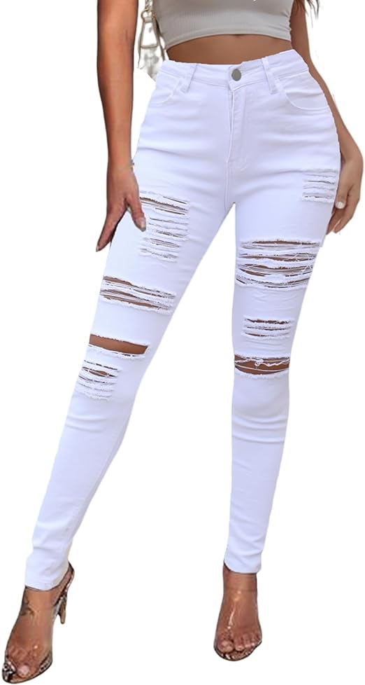 Classic white ripped slim fit denim Women' Work Casual Pants with Super Stretch Comfortable Skinny Legs for Work (sizes 27, 28, 30, 32, 34)