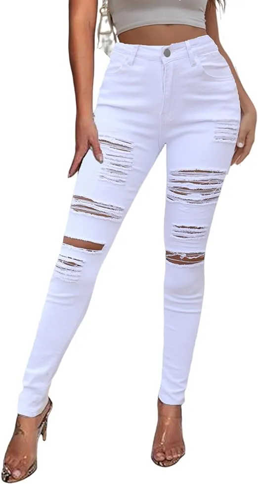Classic white ripped slim fit denim Women' Work Casual Pants with Super Stretch Comfortable Skinny Legs for Work (sizes 27, 28, 30, 32, 34)