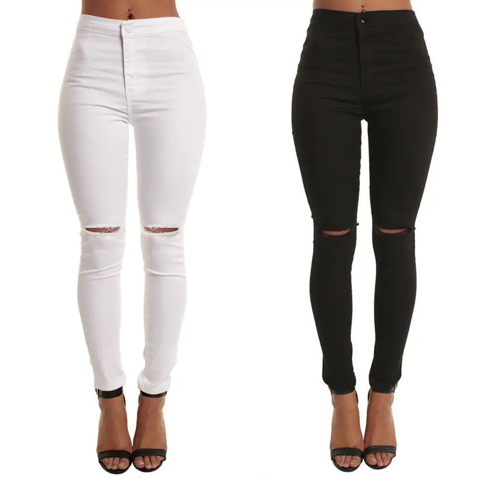 Classic black and white ripped skinny/slim denim trouser/ jeans Women' Work Casual Pants with Super Stretch Comfortable Skinny Legs for Work (sizes 27, 28, 30, 32, 34)
