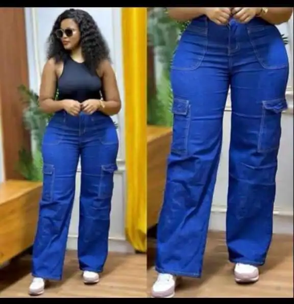 High quality denim Women's Wide Leg Casual Pants with Eight Pockets, High Waisted Cargo Pants, Combat Military Trousers (sizes 27, 28, 30, 32, 34)