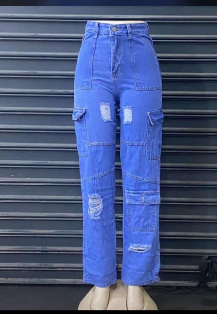 High quality denim Women's Wide Leg cargo pant/ mom  jeans Casual Pants with Eight Pockets, High Waisted Cargo Pants, Combat Military Trousers (sizes 27, 28, 30, 32, 34)