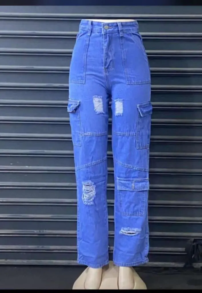 High quality denim Women's Wide Leg cargo pant/ mom  jeans Casual Pants with Eight Pockets, High Waisted Cargo Pants, Combat Military Trousers (sizes 27, 28, 30, 32, 34)