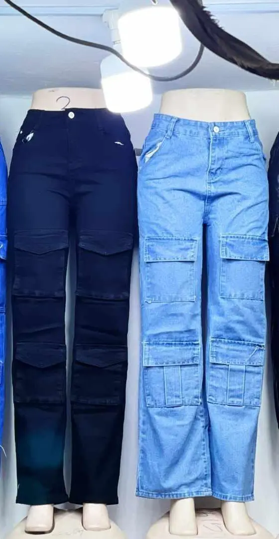 High quality denim Women's Wide Leg cargo pant/ mom  jeans Casual Pants with Eight Pockets, High Waisted Cargo Pants, Combat Military Trousers (sizes 27, 28, 30, 32, 34)