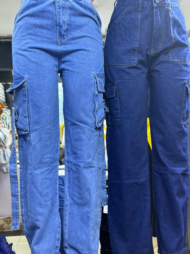 High quality denim Women's Wide Leg Casual Pants with Eight Pockets, High Waisted Cargo Pants, Combat Military Trousers (sizes 27, 28, 30, 32, 34)
