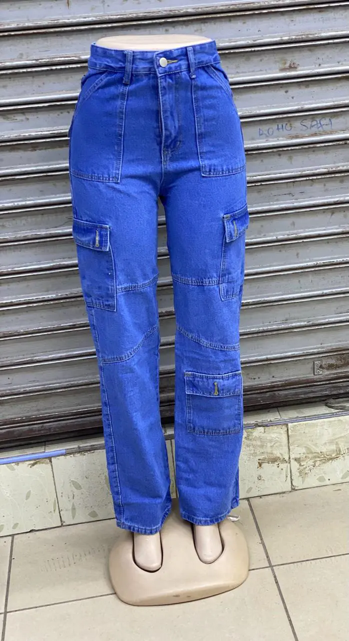 blue High quality denim Women's Wide Leg Casual Pants with Eight Pockets, High Waisted Cargo Pants, Combat Military Trousers (sizes 27, 28, 30, 32, 34)