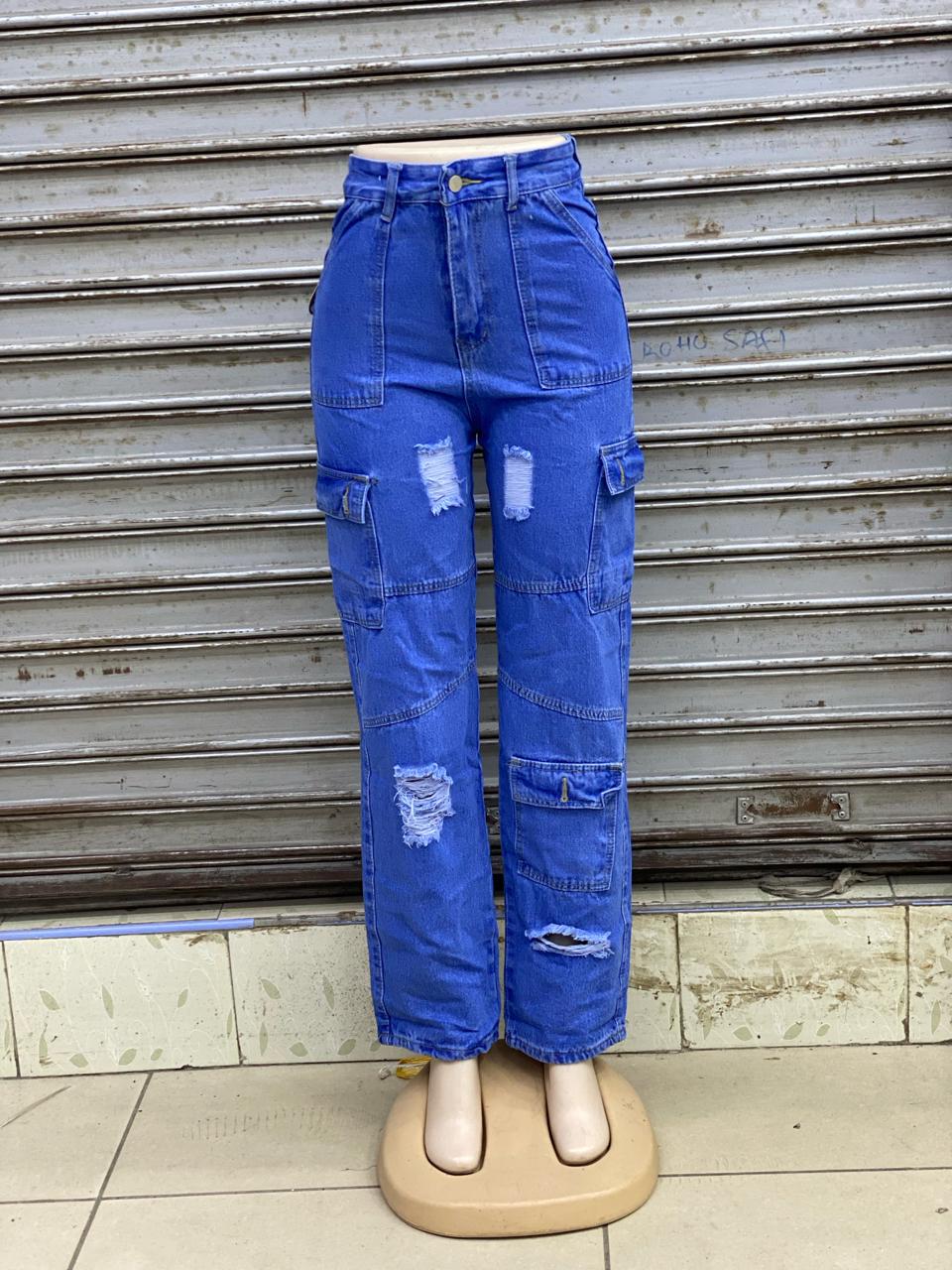 blue High quality denim Women's Wide Leg Casual Pants with Eight Pockets, High Waisted Cargo Pants, Combat Military Trousers (sizes 27, 28, 30, 32, 34)