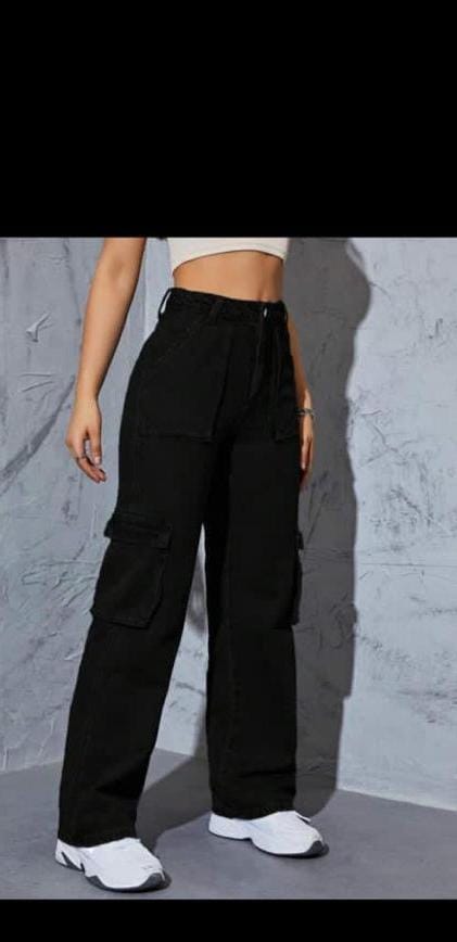 blue High quality denim Women's Wide Leg Casual Pants with Eight Pockets, High Waisted Cargo Pants, Combat Military Trousers (sizes 27, 28, 30, 32, 34)