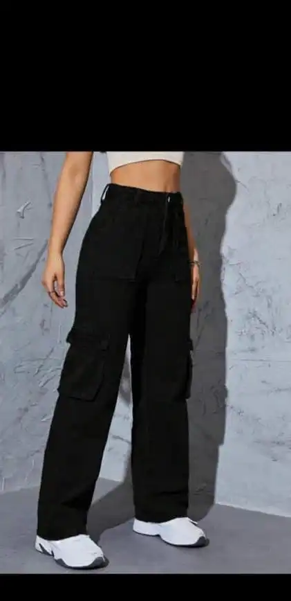 blue High quality denim Women's Wide Leg Casual Pants with Eight Pockets, High Waisted Cargo Pants, Combat Military Trousers (sizes 27, 28, 30, 32, 34)