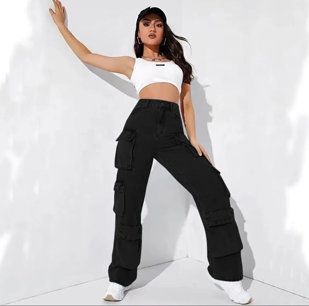 High quality denim Women's Wide Leg Casual Pants with Eight Pockets, High Waisted Cargo Pants, Combat Military Trousers (sizes 27, 28, 30, 32, 34)