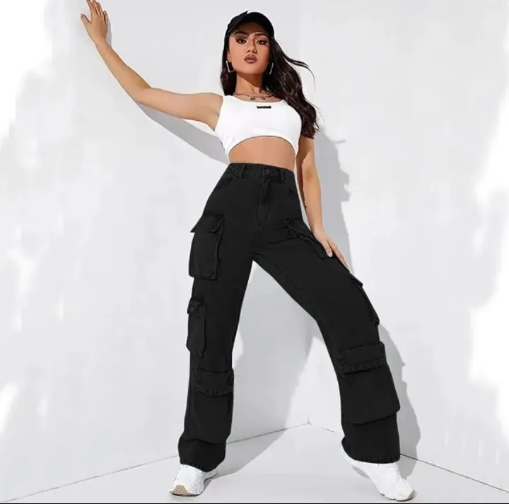 High quality denim Women's Wide Leg Casual Pants with Eight Pockets, High Waisted Cargo Pants, Combat Military Trousers (sizes 27, 28, 30, 32, 34)