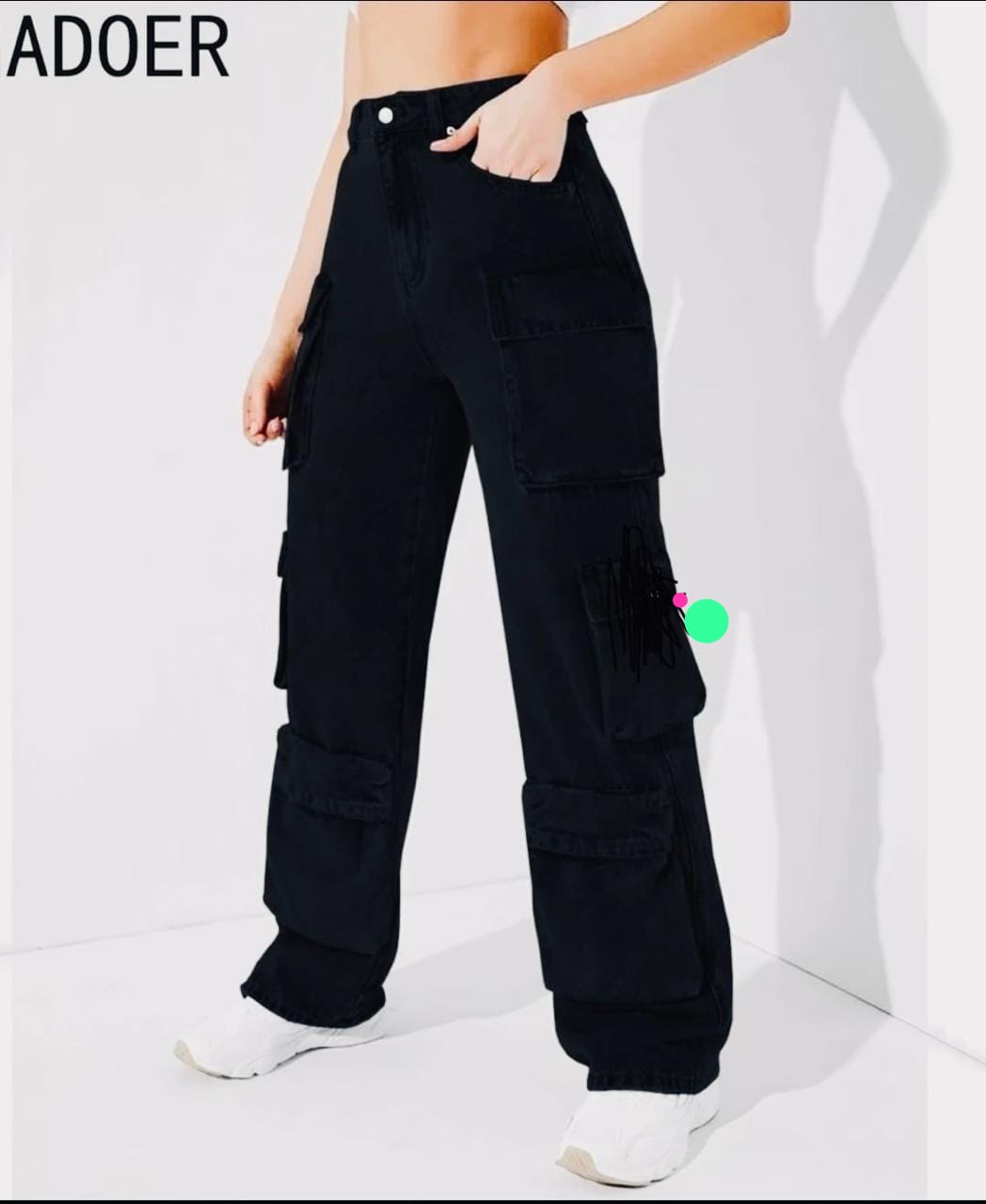 High quality denim Women's Wide Leg Casual Pants with Eight Pockets, High Waisted Cargo Pants, Combat Military Trousers (sizes 27, 28, 30, 32, 34)