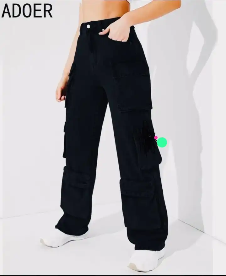 High quality denim Women's Wide Leg Casual Pants with Eight Pockets, High Waisted Cargo Pants, Combat Military Trousers (sizes 27, 28, 30, 32, 34)