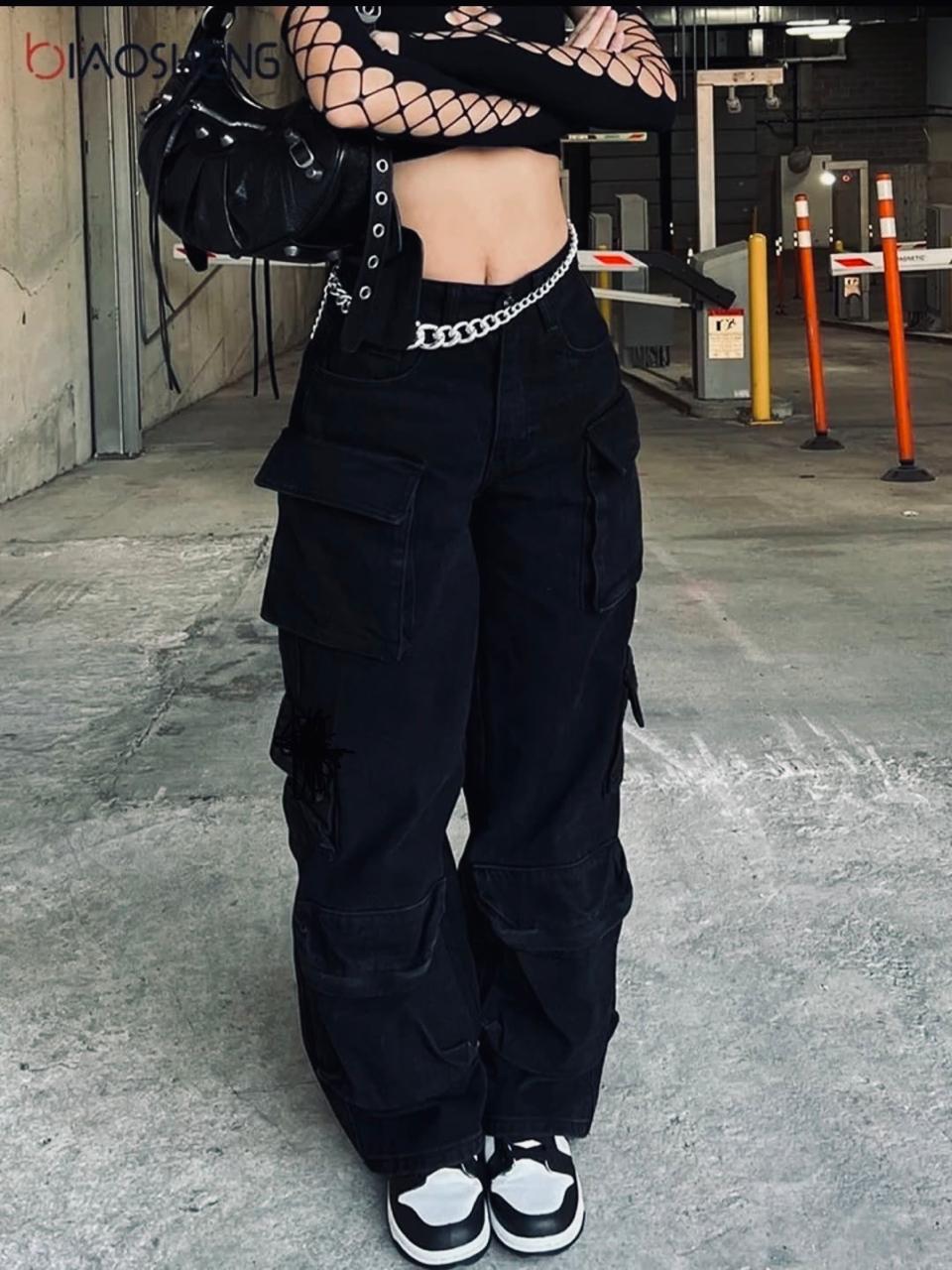 High quality denim Women's Wide Leg Casual Pants with Eight Pockets, High Waisted Cargo Pants, Combat Military Trousers (sizes 27, 28, 30, 32, 34)