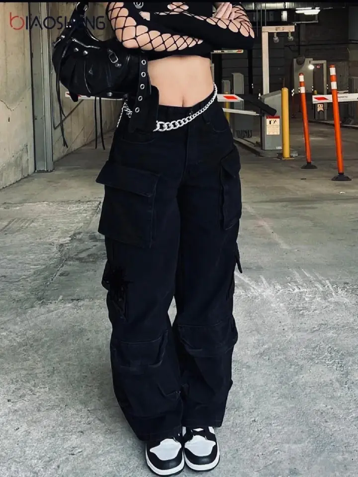 High quality denim Women's Wide Leg Casual Pants with Eight Pockets, High Waisted Cargo Pants, Combat Military Trousers (sizes 27, 28, 30, 32, 34)