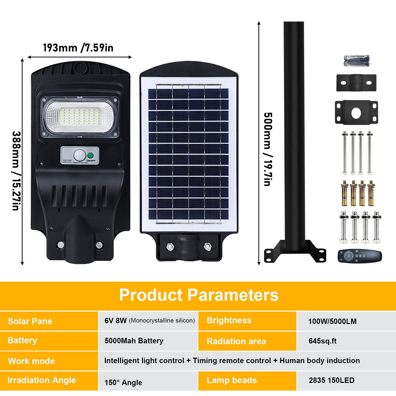 100W Commercial LED Solar Street Light Dusk-to-Dawn Road Lamp Motion Sensor 9900000LM 100W Solar Street Light Outdoor Waterproof Outdoor LED Street Light Dusk to Dawn