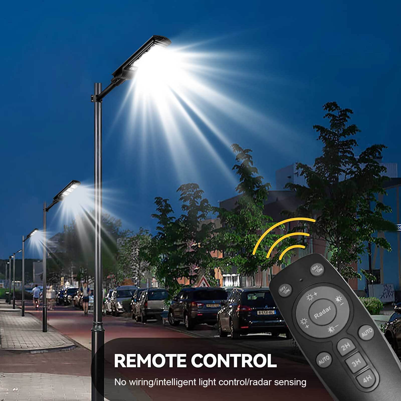 300W 450LED Super Bright Solar Street Light Dusk to Dawn Road Lamp+Pole+Remote Commercial Dusk to Dawn Parking Lot Road Lamp
