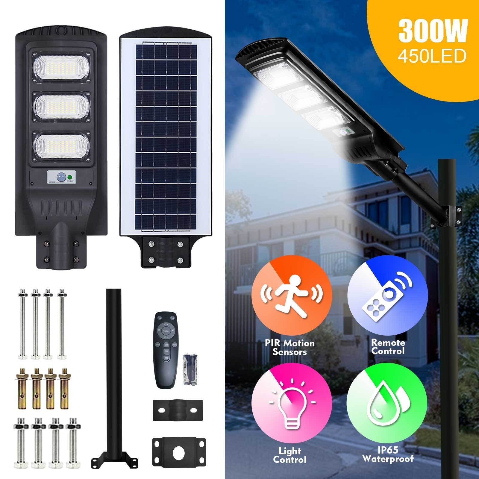 300W 450LED Super Bright Solar Street Light Dusk to Dawn Road Lamp+Pole+Remote Commercial Dusk to Dawn Parking Lot Road Lamp