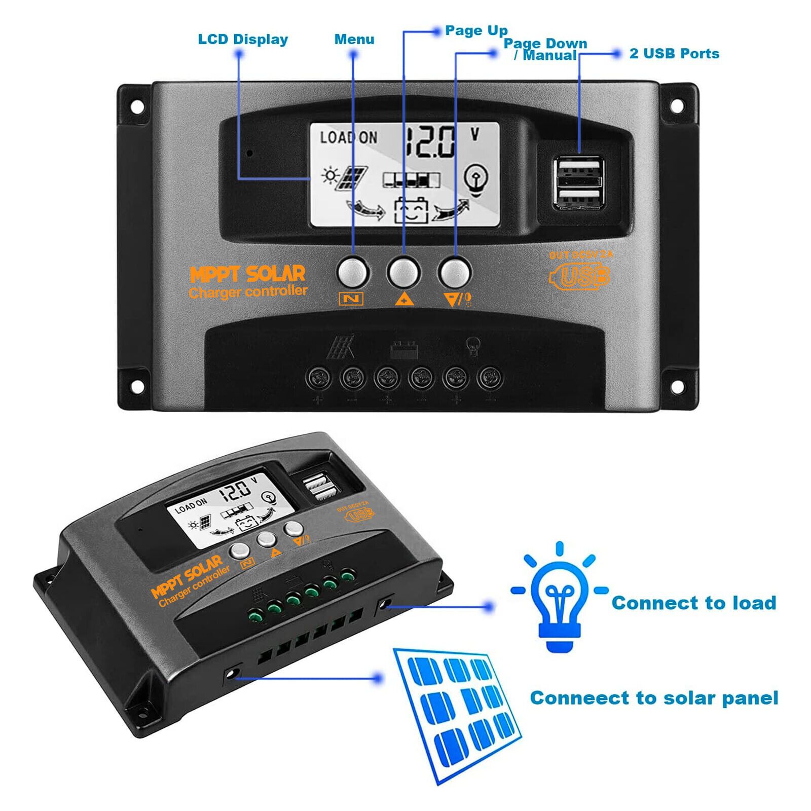 30A/40A/60A MPPT Solar Panel Battery Charge Controller Auto Focus Tracking 12V/24V
