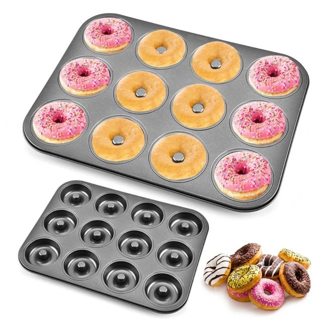 Lawei 2 Pack 12-Cavity Non-stick Donut Pan, Carbon Steel Donut Baking Pan for Muffin, Cake, Dessert, Mini Bagel Mold Donut Trays for Oven, Microwave, Freezer Safe