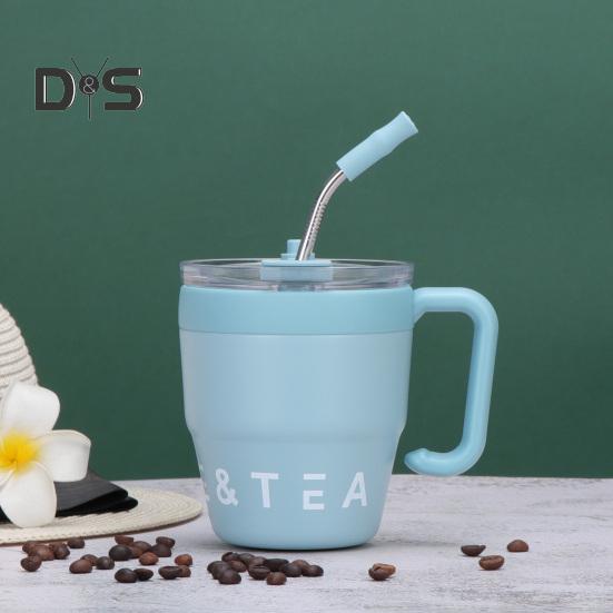 Stainless steel 480ml coffee and tea straw mug thermocup with two outlets