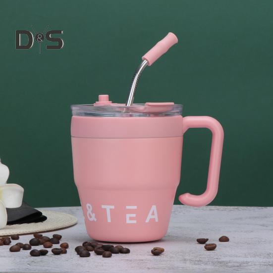 Stainless steel 480ml coffee and tea straw mug thermocup with two outlets