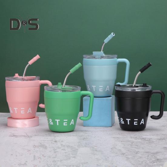Stainless steel 480ml coffee and tea straw mug thermocup with two outlets