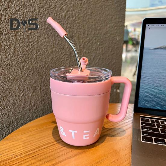 Stainless steel 480ml coffee and tea straw mug thermocup with two outlets