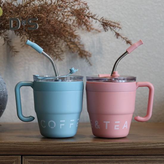 Stainless steel 480ml coffee and tea straw mug thermocup with two outlets