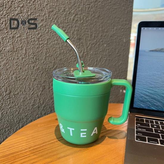 Stainless steel 480ml coffee and tea straw mug thermocup with two outlets