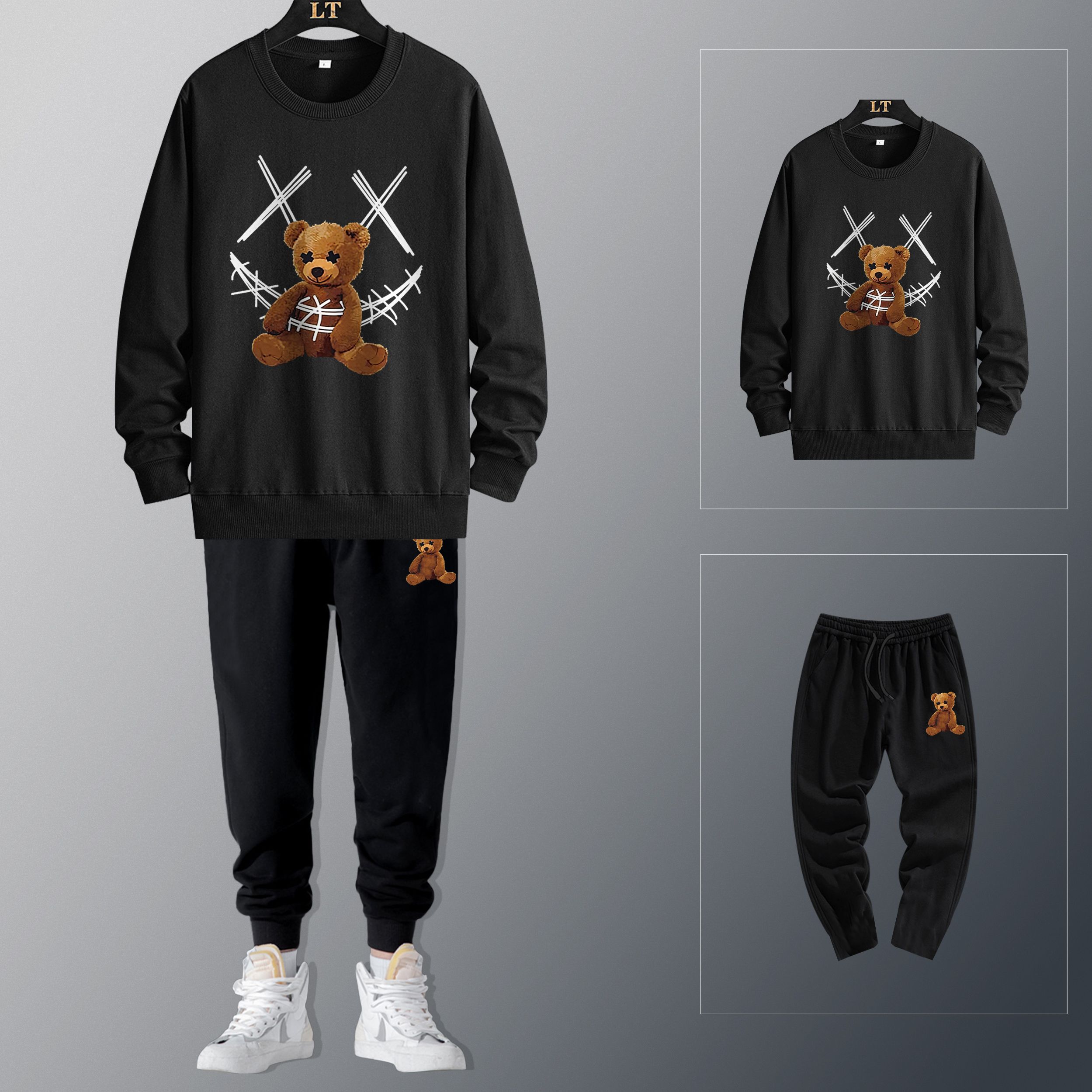 【Hoodie+Sweatpants 】 Men's round neck casual fashion autumn and winter sweatshirt two-piece set Color #3,2XL