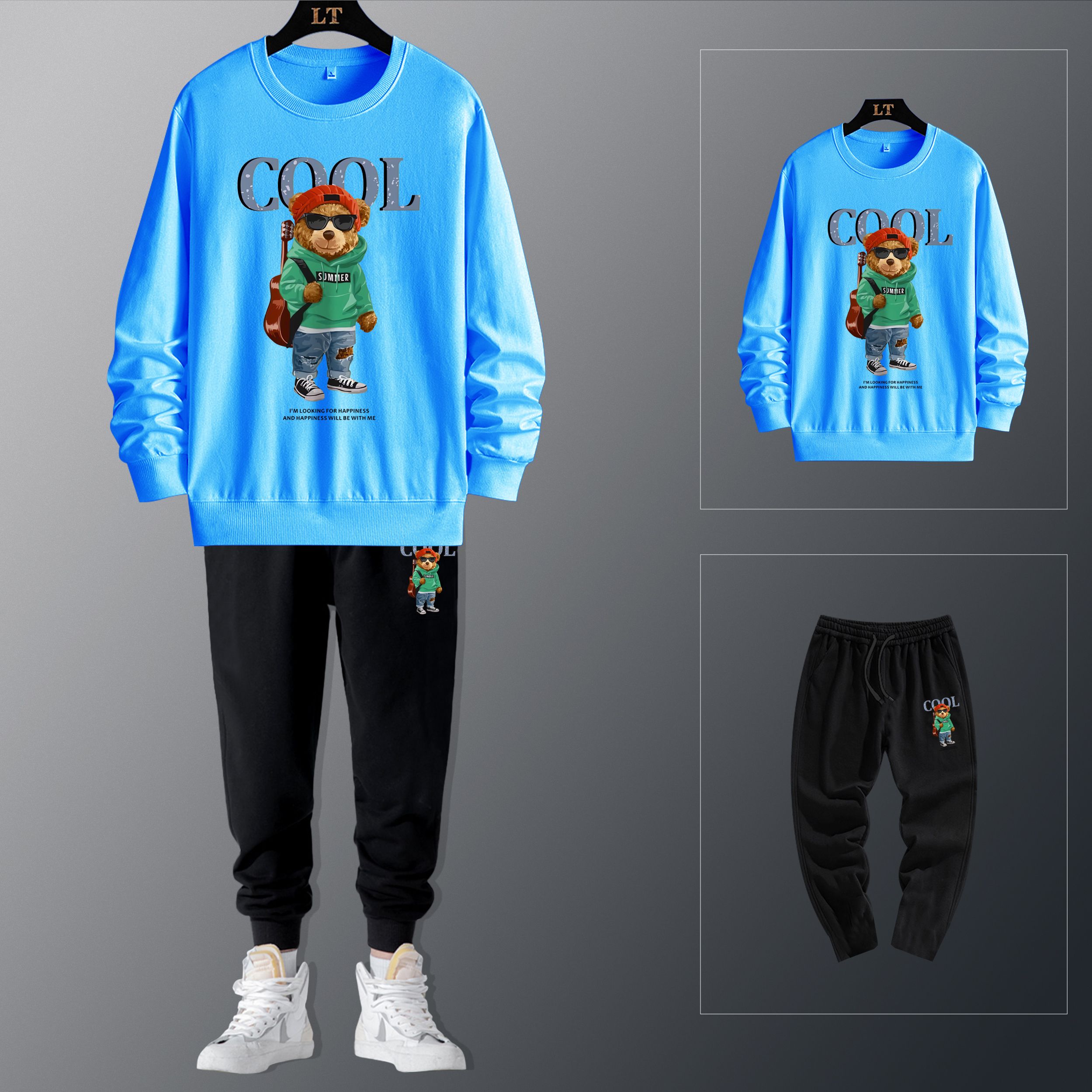 【Hoodie+Sweatpants 】 Men's round neck casual fashion autumn and winter sweatshirt two-piece set