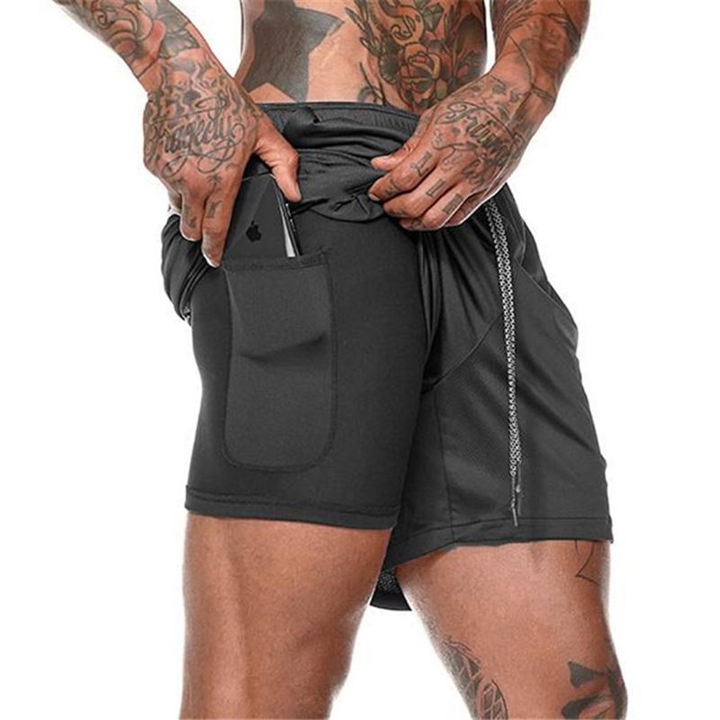 Men's Two Layers Gym Running Shorts With Pockets, Active Quick Dry Slightly Stretch Drawstring Workout Bottom Clothing