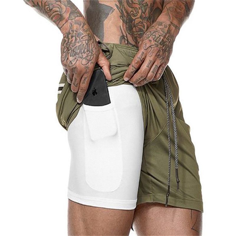 Men's Two Layers Gym Running Shorts With Pockets, Active Quick Dry Slightly Stretch Drawstring Workout Bottom Clothing