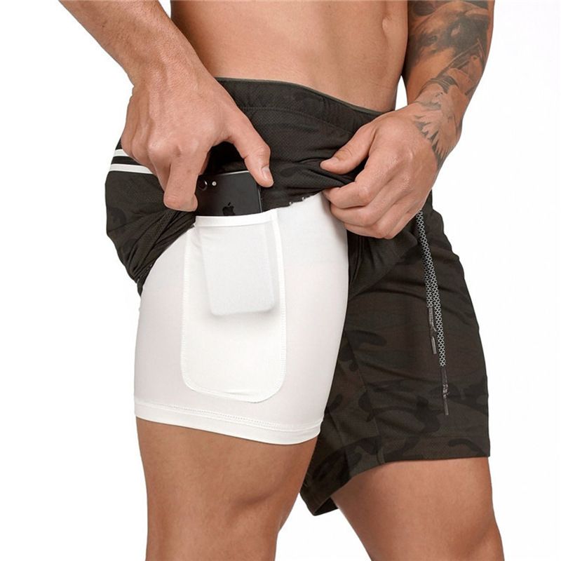 Men's Two Layers Gym Running Shorts With Pockets, Active Quick Dry Slightly Stretch Drawstring Workout Bottom Clothing