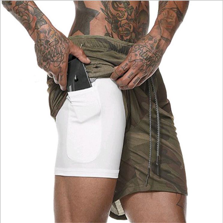 Men's Two Layers Gym Running Shorts With Pockets, Active Quick Dry Slightly Stretch Drawstring Workout Bottom Clothing