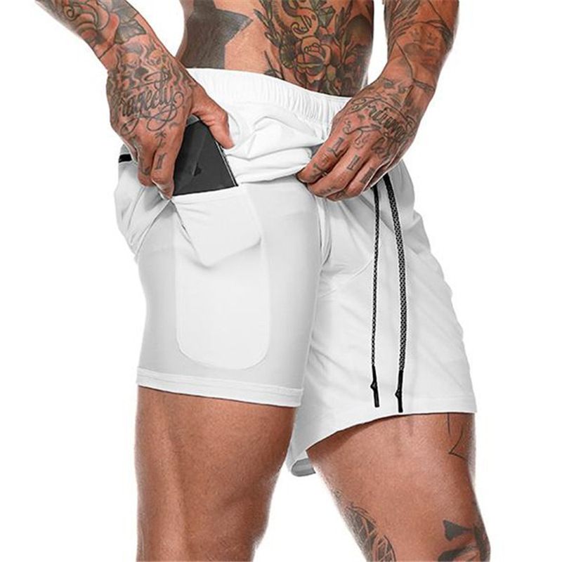 Men's Two Layers Gym Running Shorts With Pockets, Active Quick Dry Slightly Stretch Drawstring Workout Bottom Clothing