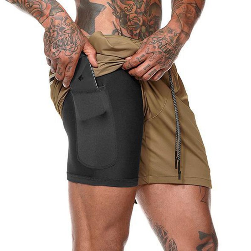 Men's Two Layers Gym Running Shorts With Pockets, Active Quick Dry Slightly Stretch Drawstring Workout Bottom Clothing